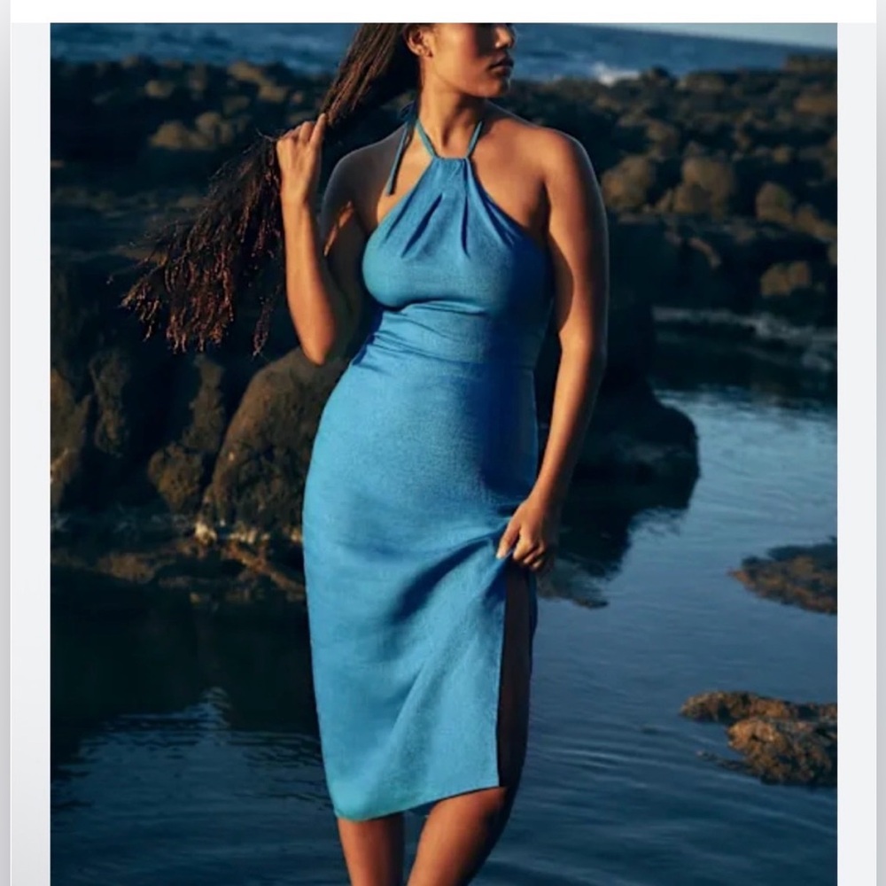 Reformation Size 4 Halter Blue 100% Linen Santino Midi Dress